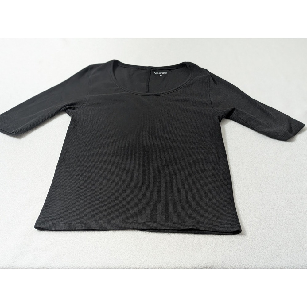 Quince Women Cotton Micro-Rib Elbow Sleeve Tee Black Sleeved Top Med